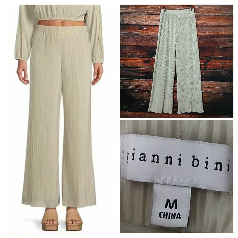 Gianni Bini Palazzo Pants M Joni Plisse Wide Leg Tan Ribbed Lined Elastic Waist